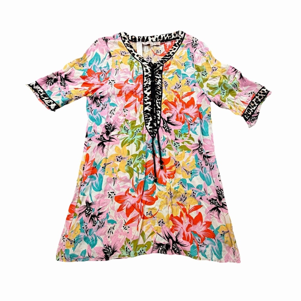 Nanette Lepore Swim Floral Tunic Dress Boho Fringe Trim Size L